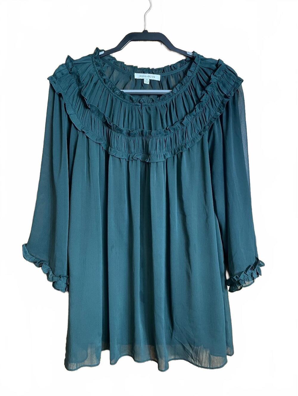 Rose + Olive blouse with a ruffled neckline in size 1X
